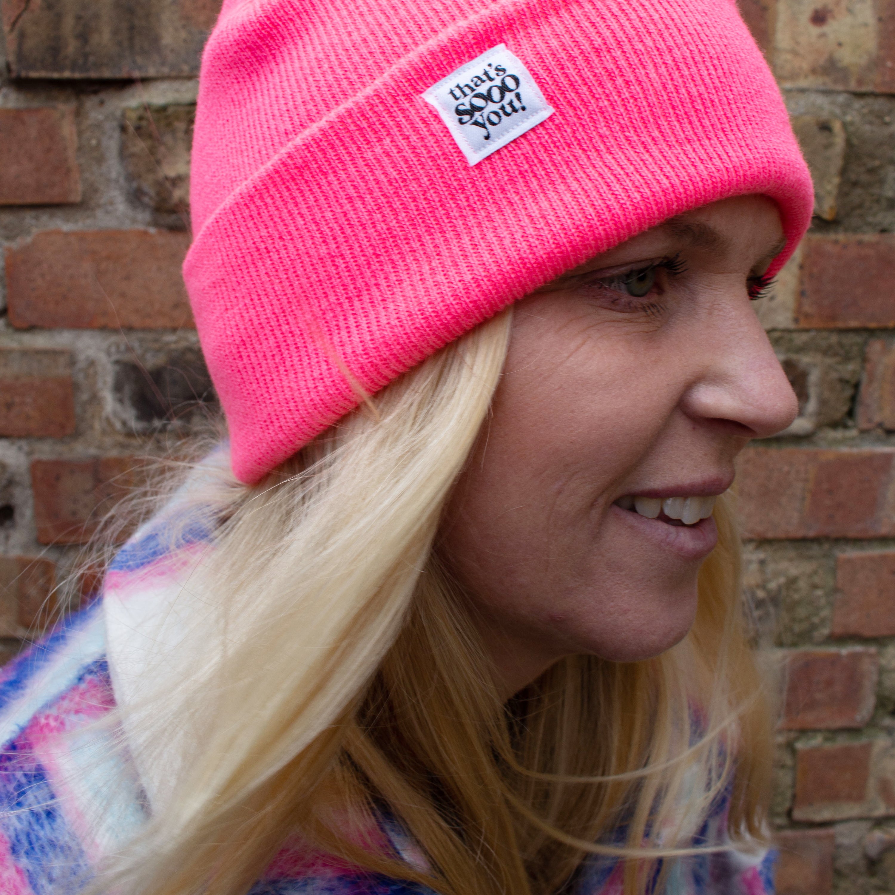 Neon bright pink super soft beanie hat, That's Sooo You TSY hand sewn fabric label, accessories, accessory, snuggle winter, unisex