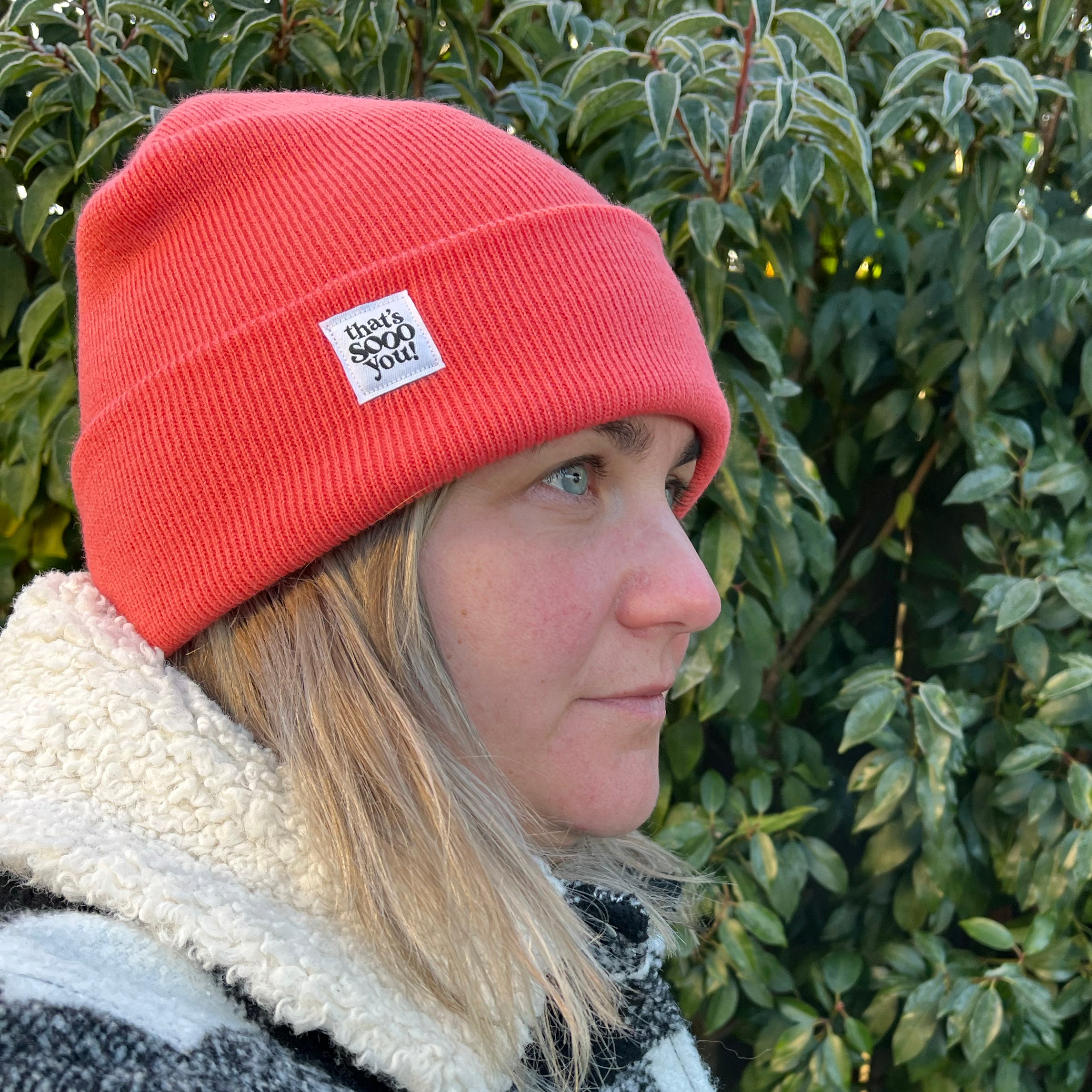 Coral orange red bright pink super soft beanie hat, That's Sooo You TSY hand sewn fabric label, accessories, accessory, snuggle winter, unisex