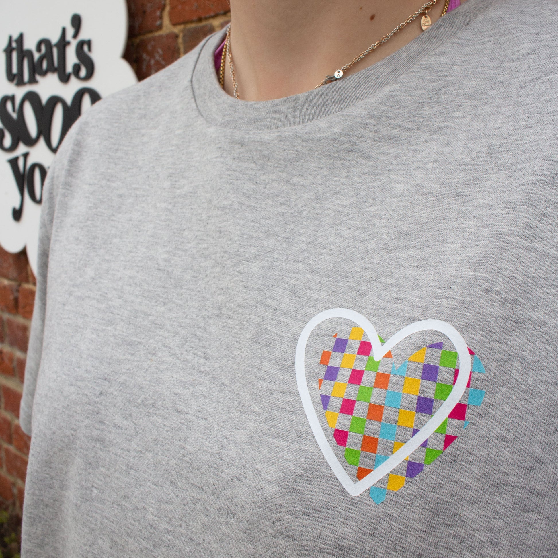 That's Sooo You grey t-shirt, tee, you are the only you, rainbow checkerboard heart, womens wear, dopamine dressing, colourful fashion, unisex, inclusive fashion