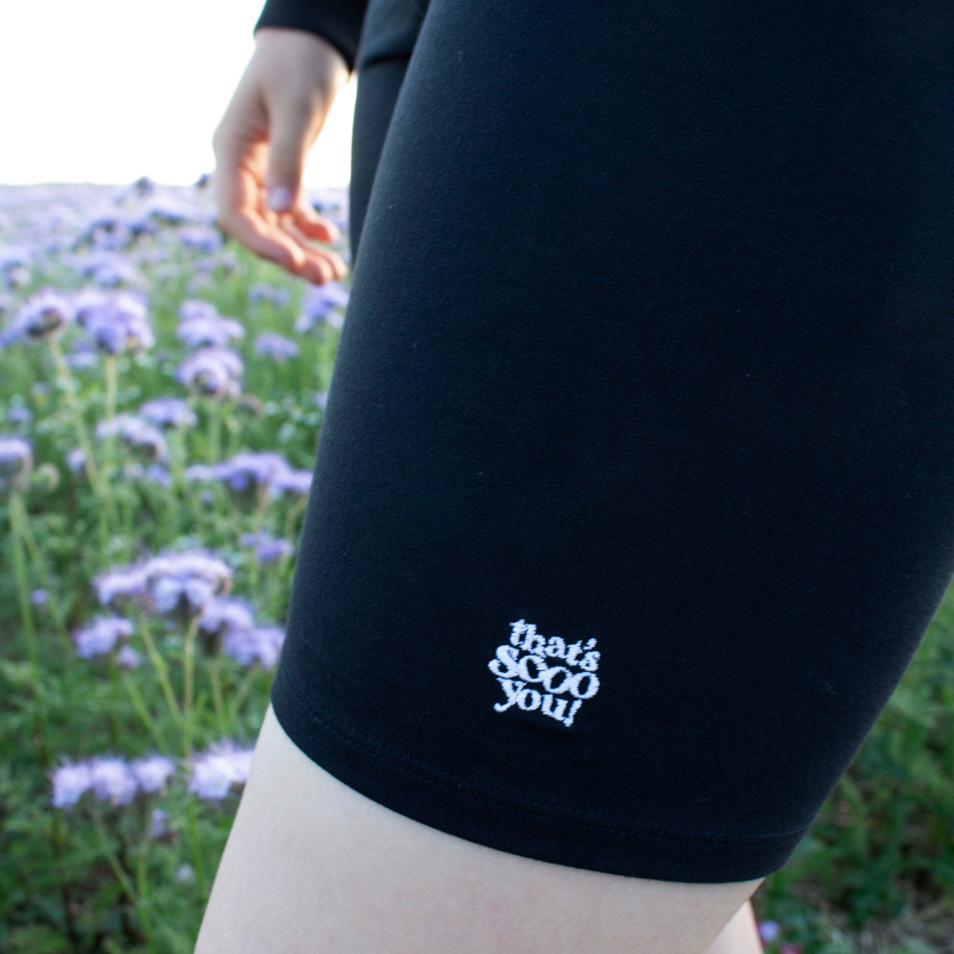 That's Sooo You black cycling shorts, embroidered white logo, high waisted, premium womens wear, dopamine dressing, colourful clothing