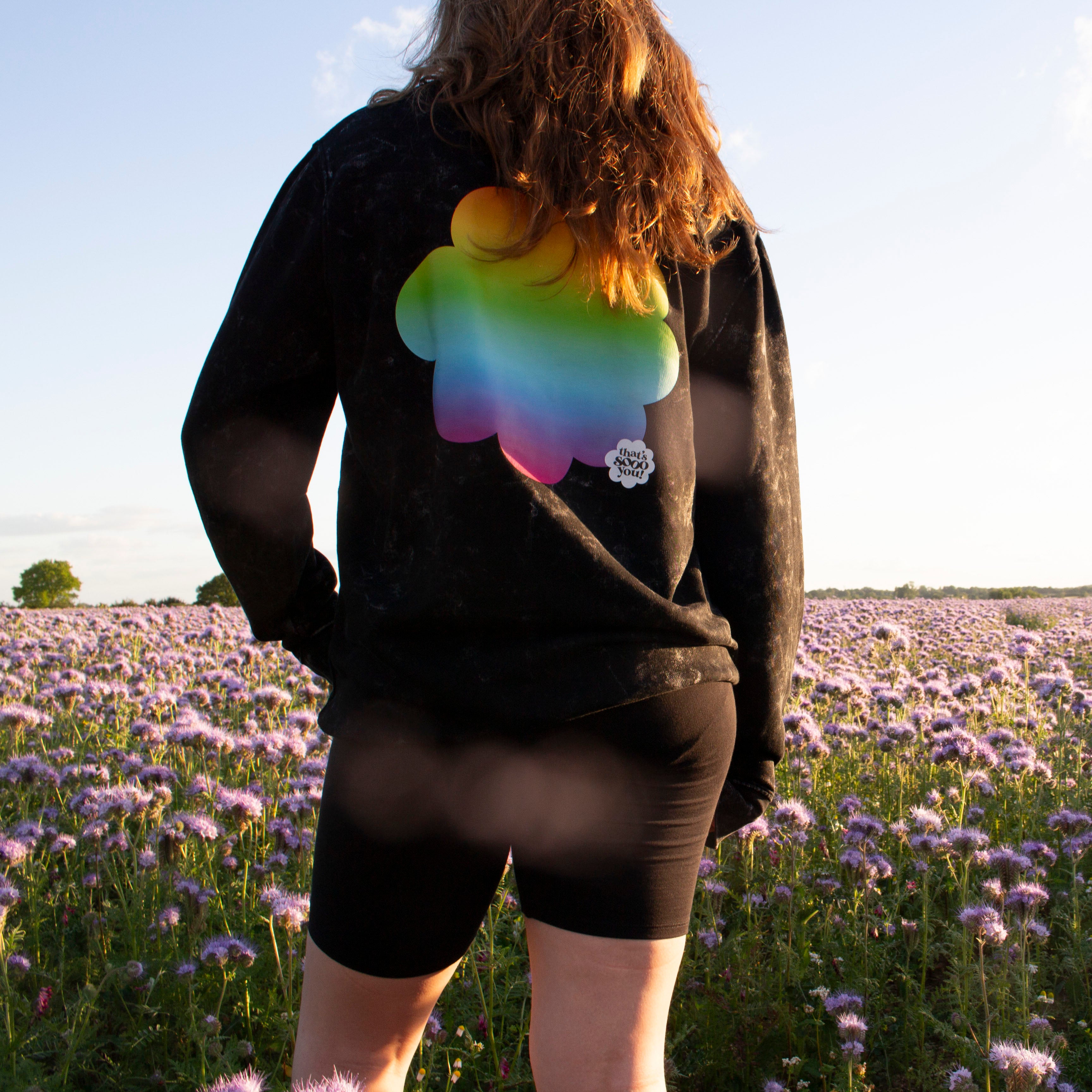 That's Sooo You Logo Stonewash Sweatshirt, Rainbow Flower Design on Back and Chest