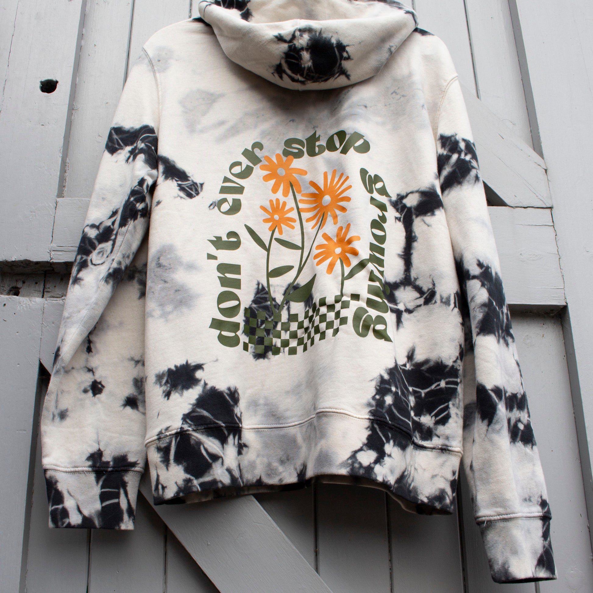 That's Sooo You tie dye hoodie, don't ever stop growing design, flowers, checkerboard, olive green, orange, premium, luxury womens wear, dopamine dressing