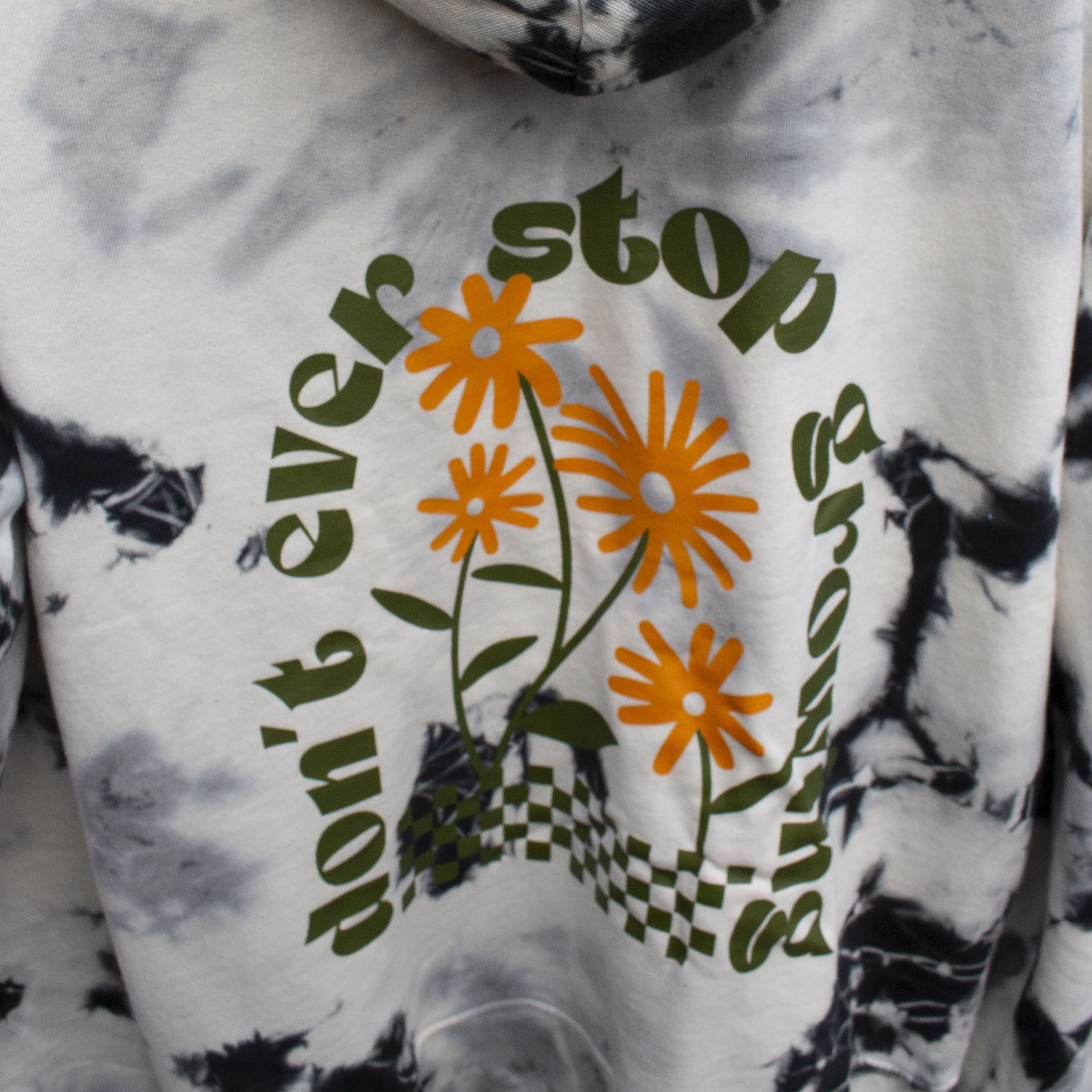 That's Sooo You tie dye hoodie, don't ever stop growing design, flowers, checkerboard, olive green, orange, premium, luxury womens wear, dopamine dressing