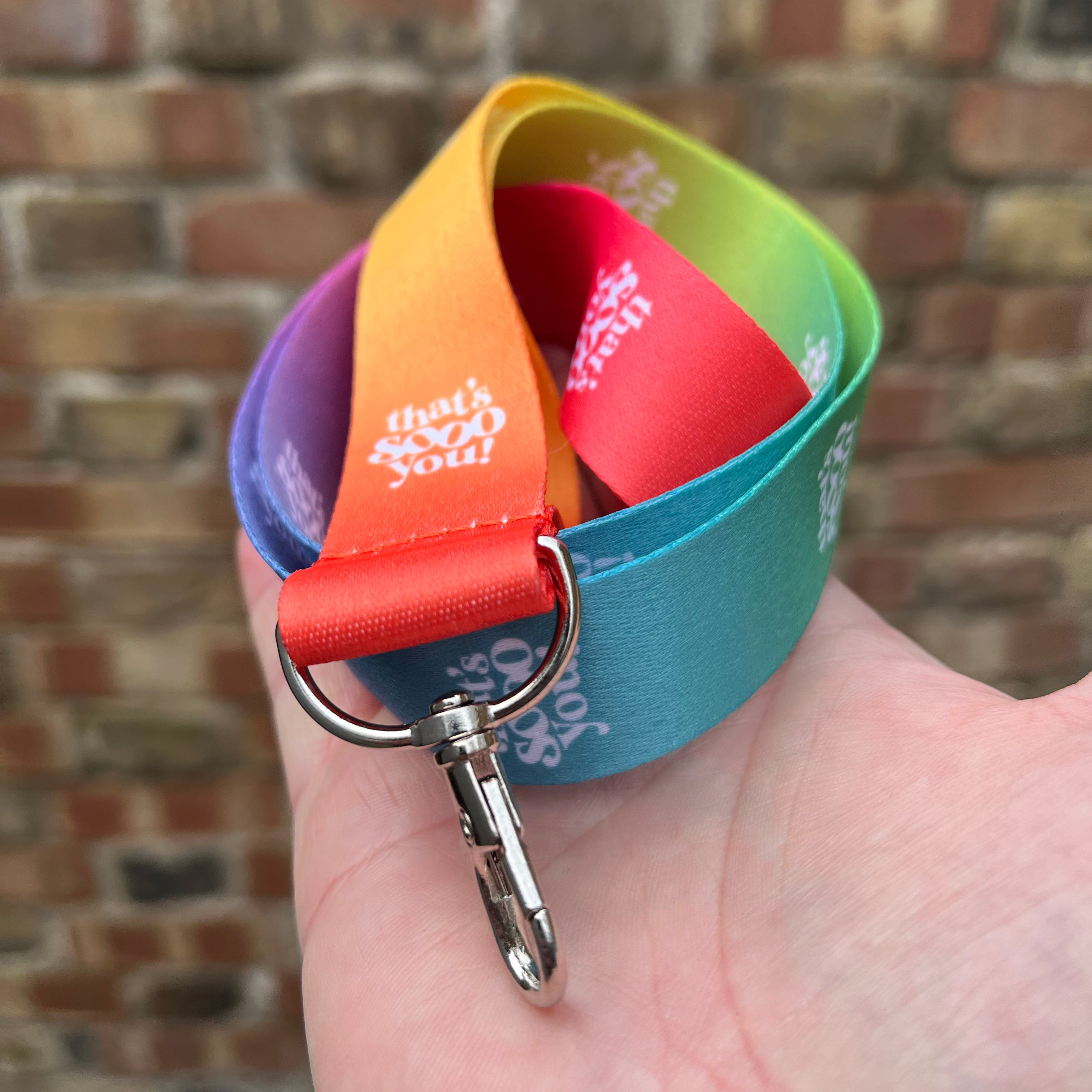 That's Sooo You lanyard, rainbow, bright colours, silver metal clip, TSY, key chain, festival, work accessory accessories 